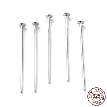 Rhodium Plated 925 Sterling Silver Flat Head Pins, Platinum, 22 Gauge, 30x0.6mm, Head: 2mm