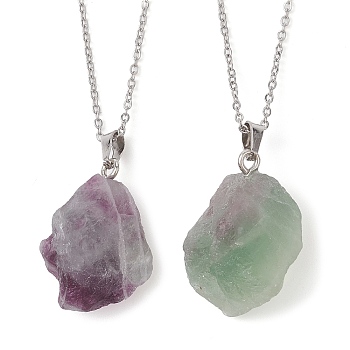 Natural Fluorite Nugget Pendant Necklaces, with 304 Stainless Steel Cable Chains, 15.55~15.94 inch(39.5~40.5cm)