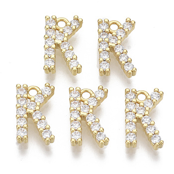 Brass Micro Pave Cubic Zirconia Charms, Nickel Free, Letter, Clear, Real 18K Gold Plated, Letter.K, 12x7.5x2.5mm, Hole: 1.2mm