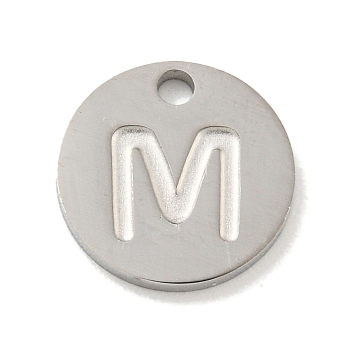 304 Stainless Steel Pendants, Laser Cut, Flat Round with Letter Charm, Stainless Steel Color, Letter M, 10x1mm, Hole: 1.4mm