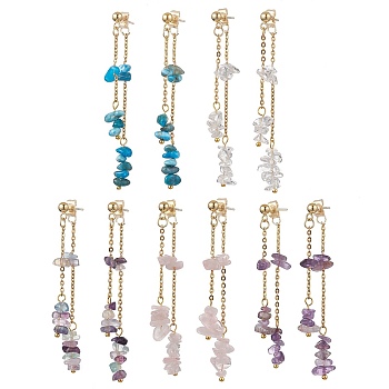 Natural Mixed Stone Dangle Earring, 304 Stainless Steel Cable Chains, Chip, Mixed Color, Stud Earrings, 66x9.5mm