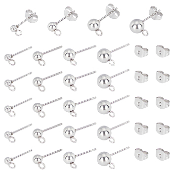 80Pcs 4 Styles 202 Stainless Steel Ball Stud Earring Findings, with 304 Stainless Steel Pins, Loop and 80Pcs Ear Nuts, Round, Golden & Stainless Steel Color, 14~17mm, Hole: 2mm, Pin: 0.7mm, 20pcs/style