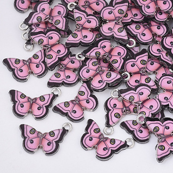 Printed Alloy Pendants, with Enamel, Butterfly, Platinum, Pink, 13.5x20x2mm, Hole: 1.6mm