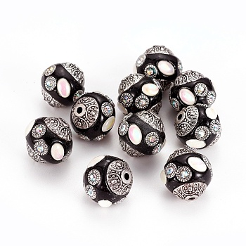 Handmade Indonesia Beads, with Rhinestone and Metal Findings, Round, Antique Silver, Black, 14.5~15x14~14.5mm, Hole: 1.5mm