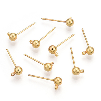 Brass Stud Earring Findings, with Loop, Nickel Free, Real 18K Gold Plated, 15mm, Hole: 1.2mm, Ball: 4mm in diameter, Pin: 0.7mm