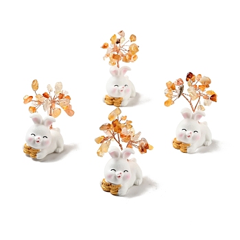 Natural Agate Tree Display Decorations, Resin Rabbit Base Feng Shui Ornament for Wealth, Luck, Rose Gold, 26x42~49x62~64mm