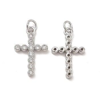 Brass Micro Pave Cubic Zirconia Pendants, with Jump Ring, Religion Flower Cross Charm, Platinum, 20x13x2.5mm, Hole: 3.3mm
