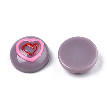 Opaque Resin Enamel Cabochons, Half Round with Red Heart, Thistle, 13.5x5mm