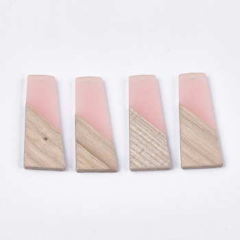 Resin & Walnut Wood Pendants, Trapezoid, Pink, 49~49.5x19~19.5x3.5mm, Hole: 2mm