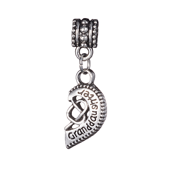 Alloy European Dangle Charms, Large Hole Pendants, Half Heart with Word Grand Daughter, Antique Silver, 32mm, Hole: 4.5mm, Heart: 20x10x1.5mm