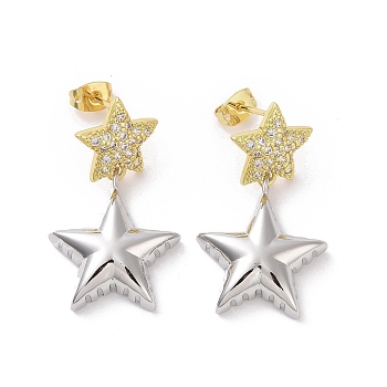 Two Tone Brass Micro Pave Clear Cubic Zirconia Dangle Stud Earrings, Platinum & Golden, Star, 33x19.5mm
