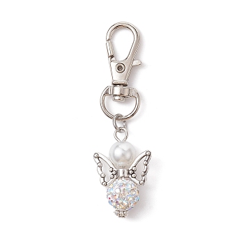 Angel Polymer Clay Rhinestone Pendant Decorations, with Glass Pearl Beads, Alloy Swivel Lobster Claw Clasps, White, 6.1cm