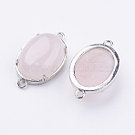 Brass Natural Rose Quartz Links connectors, Oval, Platinum, 15x26x5.5~7mm, Hole: 1.5~2mm(X-G-E398-04R)