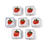 Handmade Porcelain Beads, Hand Painted Ceramic Beads, Famille Rose Porcelain, Square & Flower, Red, 16~17x16~17x6.5~7mm, Hole: 1.6~1.8mm(PORC-T134-16A)