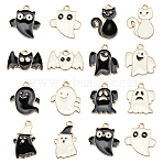 70Pcs 14 Styles Halloween Alloy Enamel Pendants, Cadmium Free & Lead Free, Light Gold, Ghost & Cat & Bat, Black & White, 13~22x14~20x1.5mm, Hole: 2mm, 5pcs/style(ENAM-CJ0002-18)