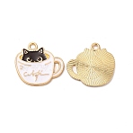 Alloy Enamel Pendants, Cadmium Free & Nickel Free & Lead Free, Golden, Cup with Cat Charm, White, 19x20x1mm, Hole: 1.8mm(X-ENAM-C005-15G)