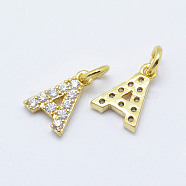Brass Micro Pave Grade AAA Cubic Zirconia Charms, Letter A, Cadmium Free & Nickel Free & Lead Free, Real 18K Gold Plated, 8.5x6x1.5mm, Hole: 2mm(X-ZIRC-P067-11G-A-NR)