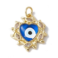 Brass Micro Pave Clear Cubic Zirconia Pendants, with Resin and Jump Rings, Lead Free & Cadmium Free, Heart with Eye Charm, Real 18K Gold Plated, Royal Blue, 21.5x20x4.5mm, Hole: 4mm(KK-I692-01G-03)