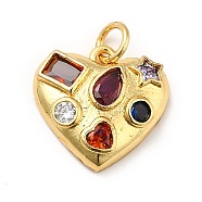 Brass Micro Pave Cubic Zirconia Pendants, with Jump Ring, Long-Lasting Plated, Real 18K Gold Plated, Heart, Colorful, 14.5x15x4mm(X-KK-H433-15G)