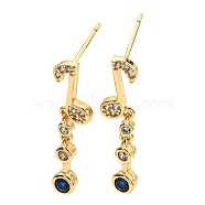 Cubic Zirconia Musical Note Dangle Stud Earrings, Real 18K Gold Plated Brass Earrings, Cadmium Free & Lead Free, Blue, 27x8mm(KK-C026-17G)