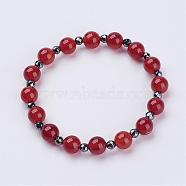 Natural Carnelian(Dyed & Heated) Stretch Bracelets, with Faceted Non-Magnetic Synthetic Hematite Beads, 2-1/4 inch(57mm)(BJEW-JB02856-04)