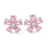 Rack Plating Brass Micro Pave Cubic Zirconia Stud Earrings, Long-lasting Plated, Flower, Platinum, Pink, 14x14mm(EJEW-I304-07P-07)