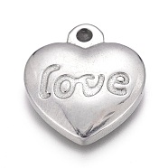 Valentine's Day 304 Stainless Steel Pendants, Heart with Word Love, Stainless Steel Color, 17x15x3mm, Hole: 1.8mm(STAS-H117-11P)