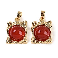 Natural Carnelian(Dyed & Heated) Pendants, Brass Square Charms, Real 18K Gold Plated, 18x14x6.5mm, Hole: 2.5x5mm(KK-P283-52G)