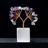 Natural Fluorite Chips Tree of Life Decorations, Natural Selenite Cube Base Copper Wire Feng Shui Energy Stone Gift for Women Men Meditation, 60mm(PW-WG21303-03)