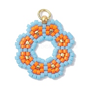 Handmade Seed Beads Pendants, with Elastic Thread, Loom Pattern, Flower, Light Blue, 23x22x3mm, Hole: 3.4mm(PALLOY-MZ00205-03)