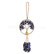 Wire Wrapped Chips Natural Lapis Lazuli Big Pendant Decorations, with Brass Wires and Nylon Cord, Flat Round with Tree of Life, 170mm(HJEW-SZ0001-27G)
