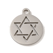 Non-Tarnish 201 Stainless Steel Charms, Laser Cut, Flat Round with Star of David, Stainless Steel Color, 14x12x1mm, Hole: 1.6mm(STAS-E217-06P)