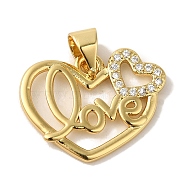 Rack Plating Brass Micro Pave Clear Cubic Zirconia Pendants, Cadmium Free & Lead Free, Long-Lasting Plated, Heart, Real 18K Gold Plated, 14x18x1.5mm, Hole: 5x3.5mm(KK-P267-05A-G)