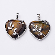 Heart Natural Tiger Eye Pendants, with Platinum Plated Brass Pendant Settings, 36x31~33mm, Hole: 6mm(GP356-7)