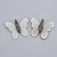 Iron Pendants, Electroplate Natural Leaf, with Polymer Clay Rhinestone, Butterfly, Jet Hematite, Silver Color Plated, PP11(1.7~1.8mm), 27.5x30.5~31.5x5.5mm, Hole: 2x5mm(IFIN-T013-002)