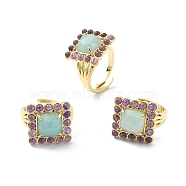 Natural Amazonite & Amethyst Rectangle Adjustable Ring, Real 18K Gold Plated Brass Wide Ring for Women, US Size 7 1/4(17.5mm)(RJEW-B030-01B-02)
