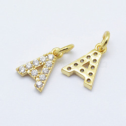 Brass Micro Pave Grade AAA Cubic Zirconia Charms, Letter A, Cadmium Free & Nickel Free & Lead Free, Real 18K Gold Plated, 8.5x6x1.5mm, Hole: 2mm(X-ZIRC-P067-11G-A-NR)