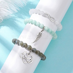 3Pcs Alloy Link & Charms Bracelets, Natural Malaysia Jade & Labradorite & White Jade Round Beads Stretch Bracelets for Women, Infinity & Wing & Heart, Beads: 8~8.5mm, Inner Diameter: 2-1/4 inch(5.7cm)(BJEW-JB12718)