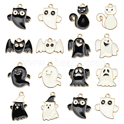 70Pcs 14 Styles Halloween Alloy Enamel Pendants, Cadmium Free & Lead Free, Light Gold, Ghost & Cat & Bat, Black & White, 13~22x14~20x1.5mm, Hole: 2mm, 5pcs/style(ENAM-CJ0002-18)