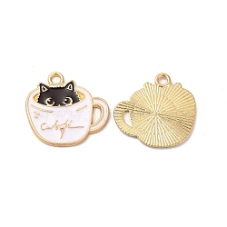 Alloy Enamel Pendants, Cadmium Free & Nickel Free & Lead Free, Golden, Cup with Cat Charm, White, 19x20x1mm, Hole: 1.8mm(X-ENAM-C005-15G)