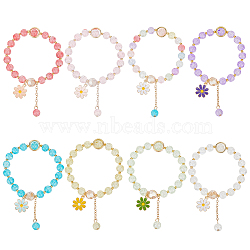 8Pcs 8 Colors Glass Round Beaded Stretch Bracelets Set, Alloy Flower Tassel Charms Adjustable Bracelets, Mixed Color, Inner Diameter: 2 inch(5cm), 1Pc/color(BJEW-AN0001-75)