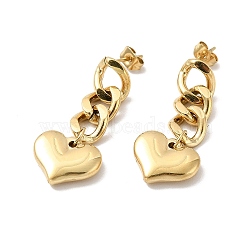Ion Plating(IP) 304 Stainless Steel Curb Chains with Heart Dangle Stud Earrings, Long Drop Earrings for Women, Golden, 34x14mm, Pin: 0.8mm(X-EJEW-G289-09G)