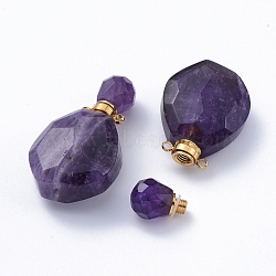 Faceted Natural Amethyst Openable Perfume Bottle Pendants, with Golden Tone 304 Stainless Steel Findings, 38~39.5x22.5~23x11~13.5mm, Hole: 1.8mm, Bottle Capacity: 1ml(0.034 fl. oz)(G-E564-08C-G)