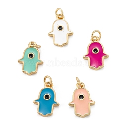 Brass Enamel Pendants, Long-Lasting Plated, Real 18K Gold Plated, Hamsa Hand, Mixed Color, 13x9x1.5mm, Hole: 2.8mm(KK-P204-11G)