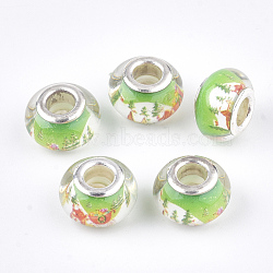 Resin European Beads, Large Hole Beads, with Brass Cores, Christmas Style, Rondelle, Silver Color Plated, Lime Green, 13.5~14x9~9.5mm, Hole: 5mm(RPDL-S014-12)