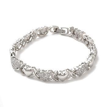 Cubic Zirconia Heart Link Chain Bracelet, Brass Bracelet, Lead Free & Cadmium Free, Platinum, 7-1/2 inch(19cm)