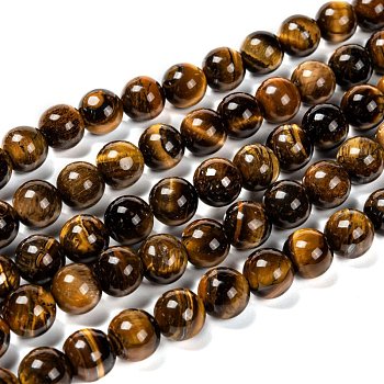 Natural Grade AB Tiger Eye Round Beads Strands, 10mm, Hole: 1mm, about 39pcs/strand, 15 inch