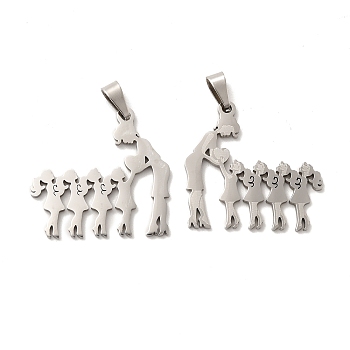 Mother's Day/Teachers' Day 201 Stainless Steel Pendants, Mother with Daughter/Teacher with Students Charms, Stainless Steel Color, 26.5x27.5x1.4mm, Hole: 6.5x3.3mm
