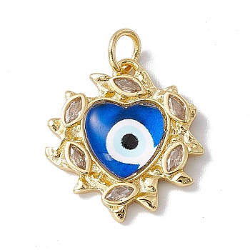 Brass Micro Pave Clear Cubic Zirconia Pendants, with Resin and Jump Rings, Lead Free & Cadmium Free, Heart with Eye Charm, Real 18K Gold Plated, Royal Blue, 21.5x20x4.5mm, Hole: 4mm