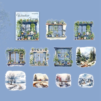 10Pcs 10 Styles Window Scenery Waterproof PET Stickers, Decorative Stickers, for Water Bottles, Luggage, Mobile Phone, Cornflower Blue, 59~85x64~85x0.1mm, 1pc/style